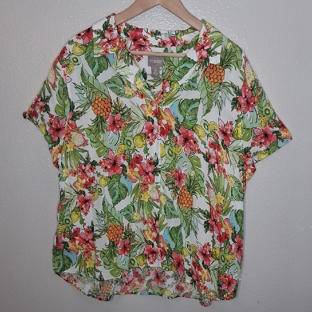 Chico's Button Shirt Tropical Pineapple Kiwi Lemons Hawaiian Short Sleeve Sz XL